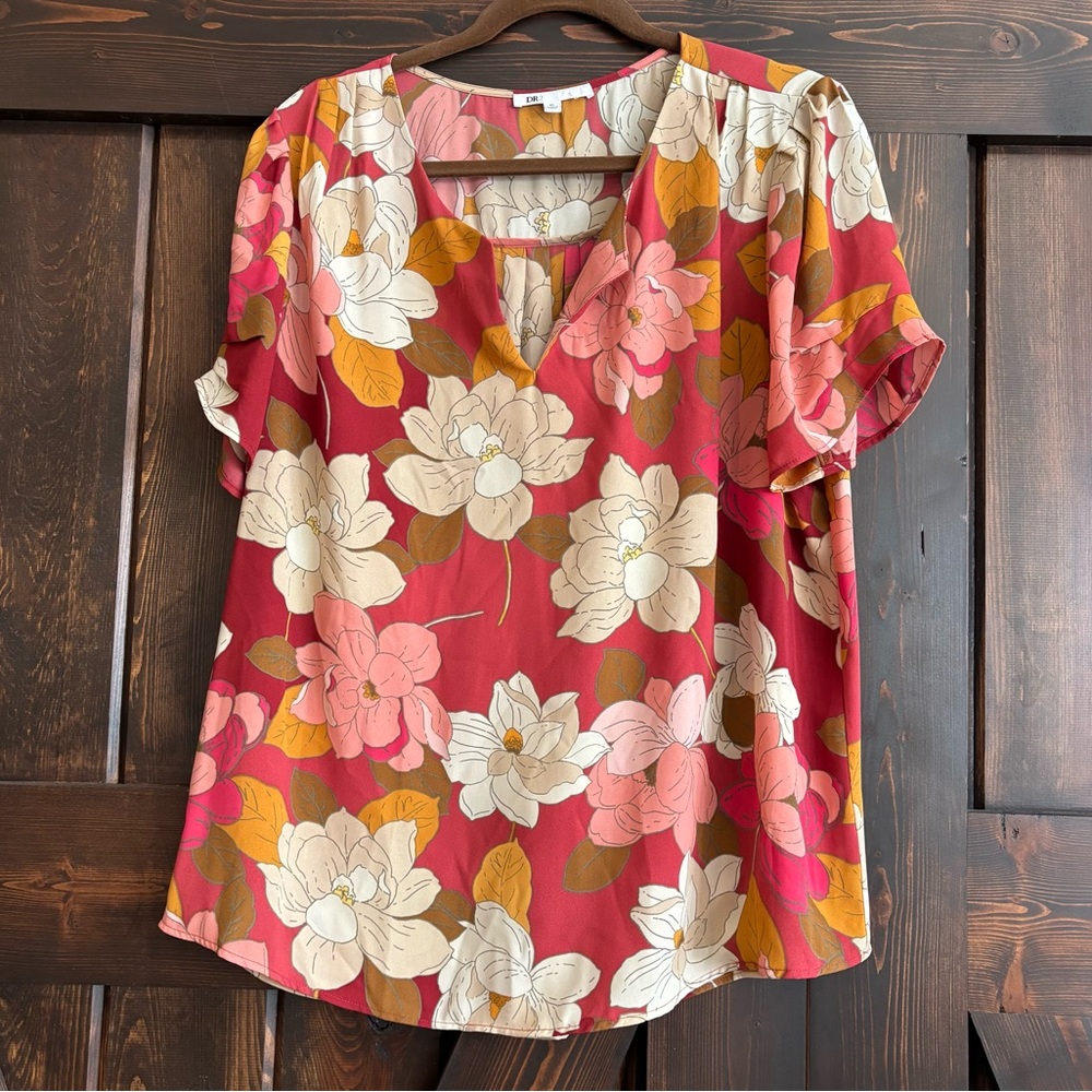 DR2 Multicolor Short Sleeve Floral V-Neck Blouse XL